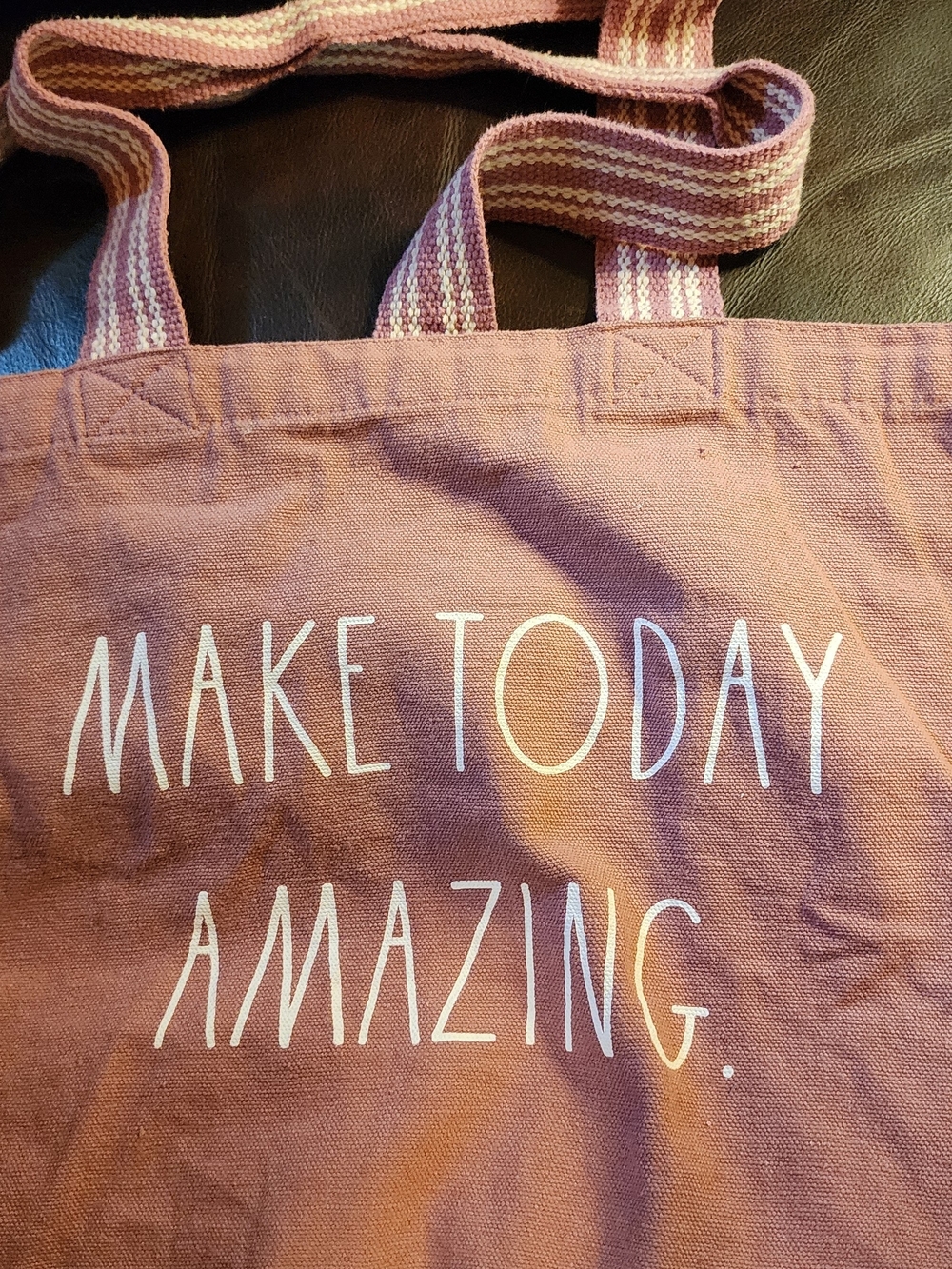 Rae Dunn Dusty Rose Canvas Tote with Striped Handles